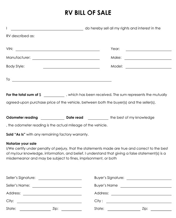 Printable RV Bill of Sale Form Printable RV Bill of Sale Form
