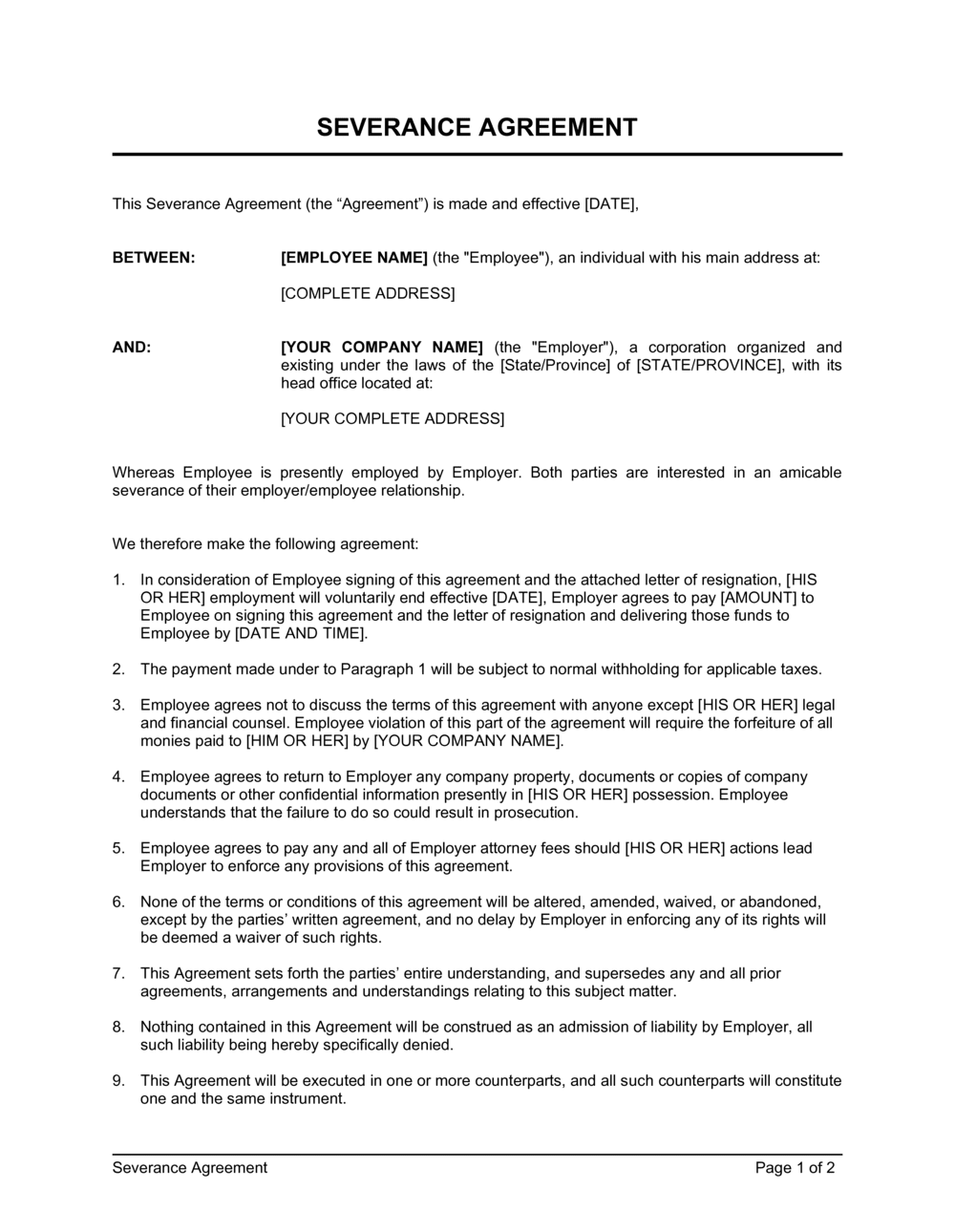 Printable Severance Agreement Template Example Printable Severance Agreement Template Example