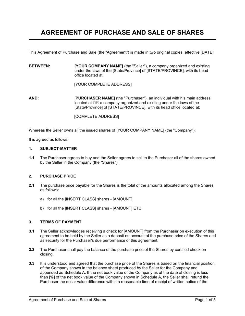 Printable Share Purchase Agreement Template Sample Printable Share Purchase Agreement Template Sample