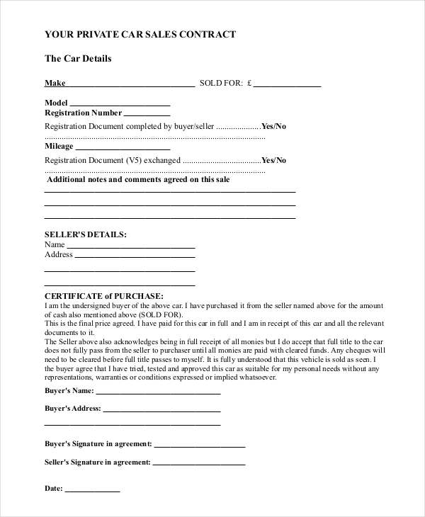 Private Car Sales Agreement Template Private Car Sales Agreement Template