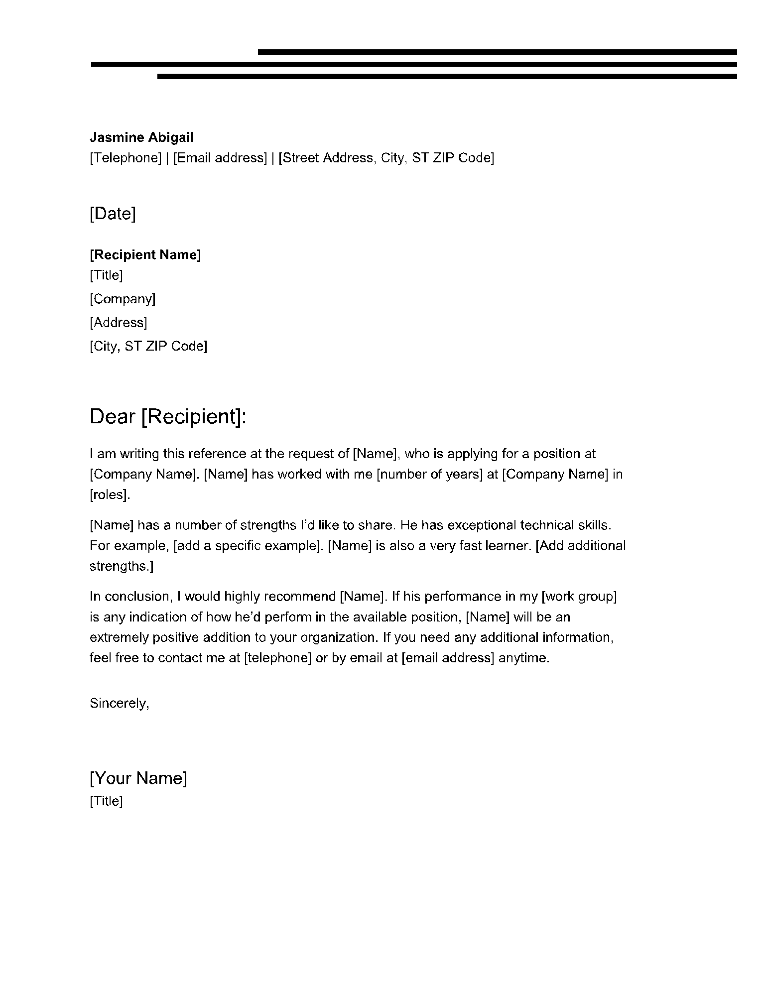 Professional Letter of Recommendation Template Example Professional Letter of Recommendation Template Example