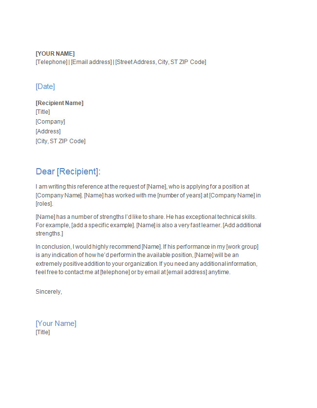 Professional Letter of Recommendation Template Professional Letter of Recommendation Template