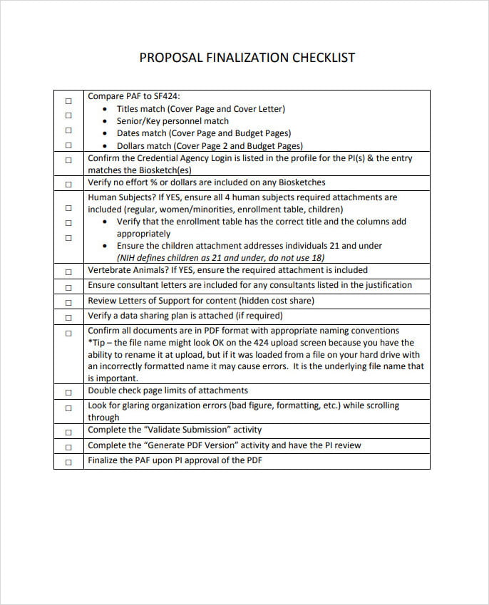 Proposal Finalization Checklist Template Proposal Finalization Checklist Template