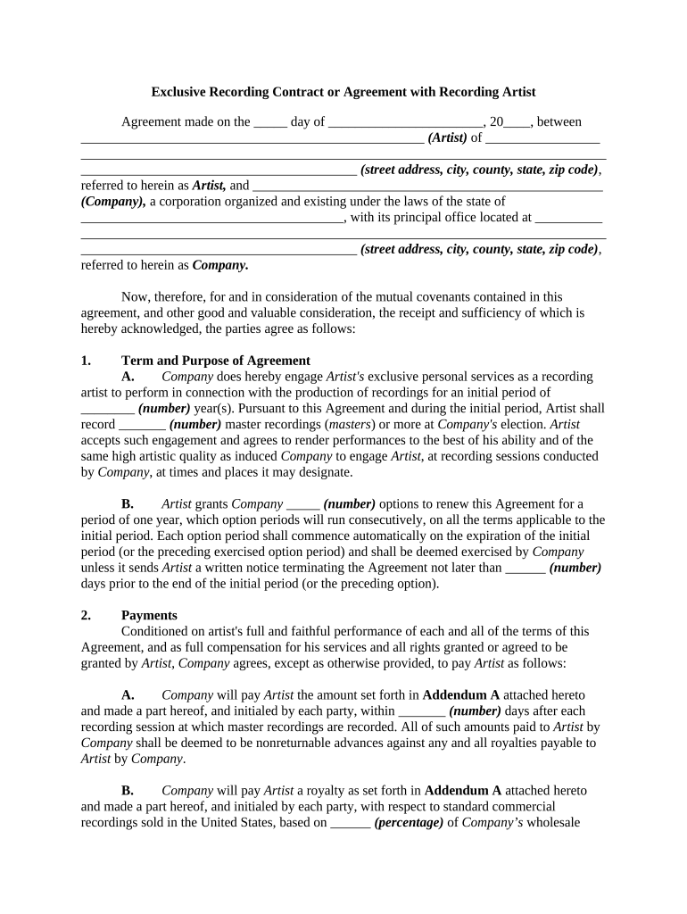Recording Agreement Template Example