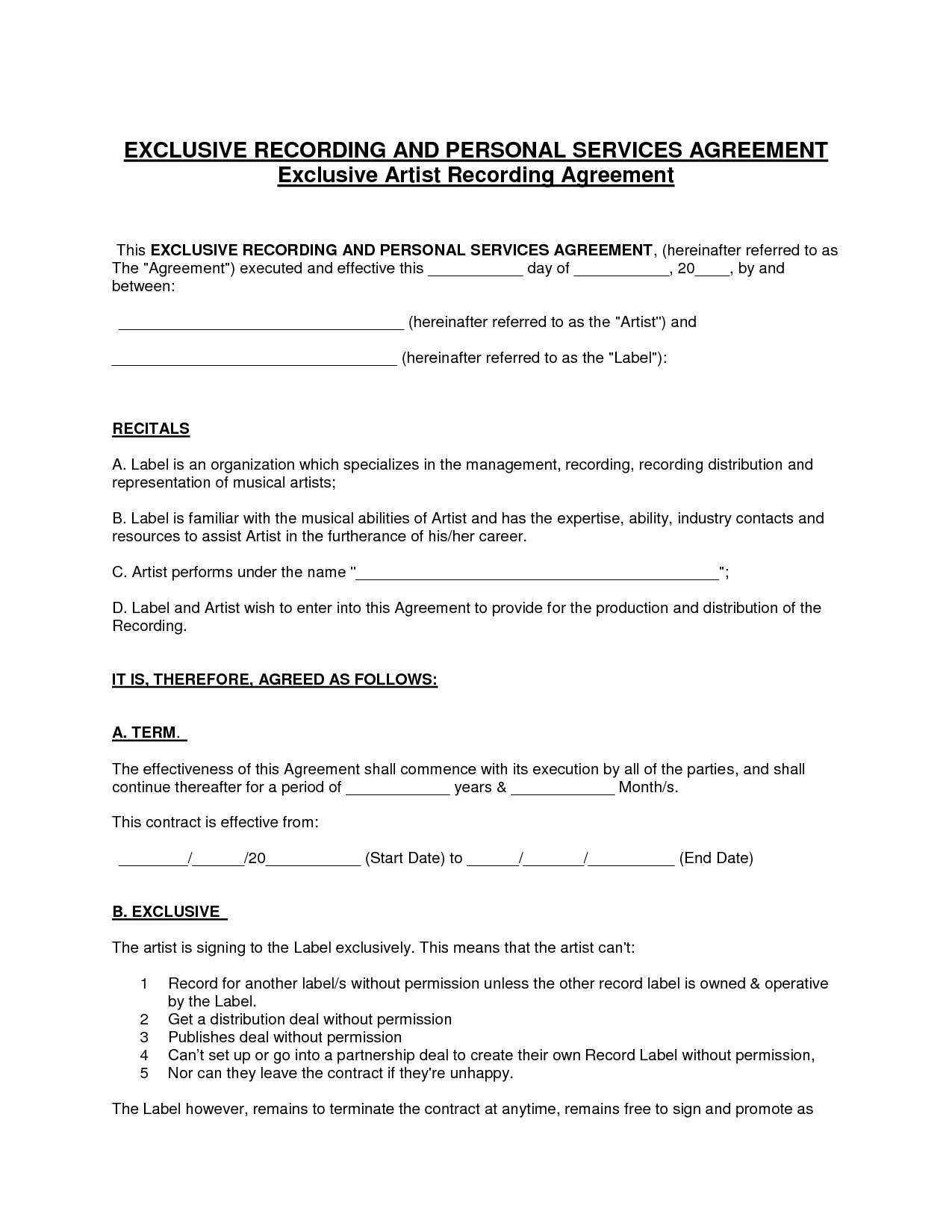 Recording Agreement Template