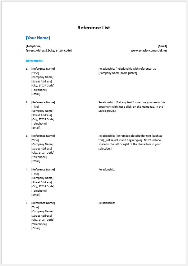 Reference List Template Reference List Template