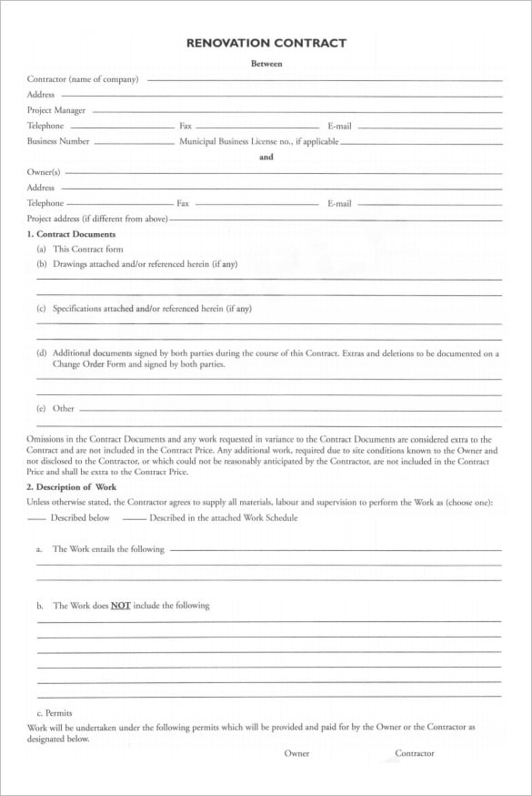 Renovation Agreement Template Example Renovation Agreement Template Example