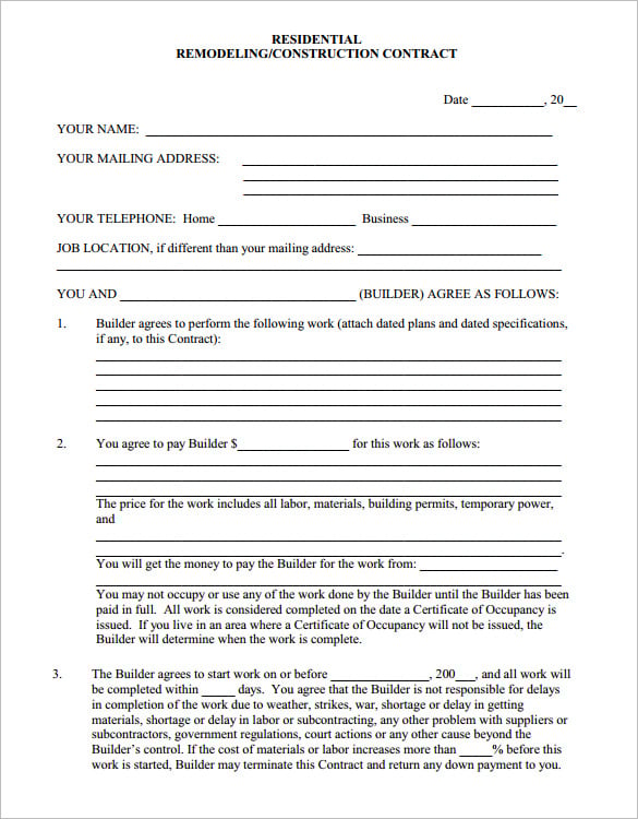 Renovation Agreement Template Sample Renovation Agreement Template Sample