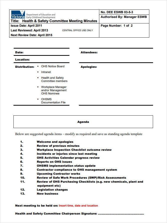 Safety Committee Meeting Minutes Template Safety Committee Meeting Minutes Template