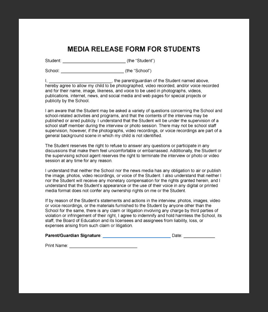 Sample Media Release Form Sample Media Release Form