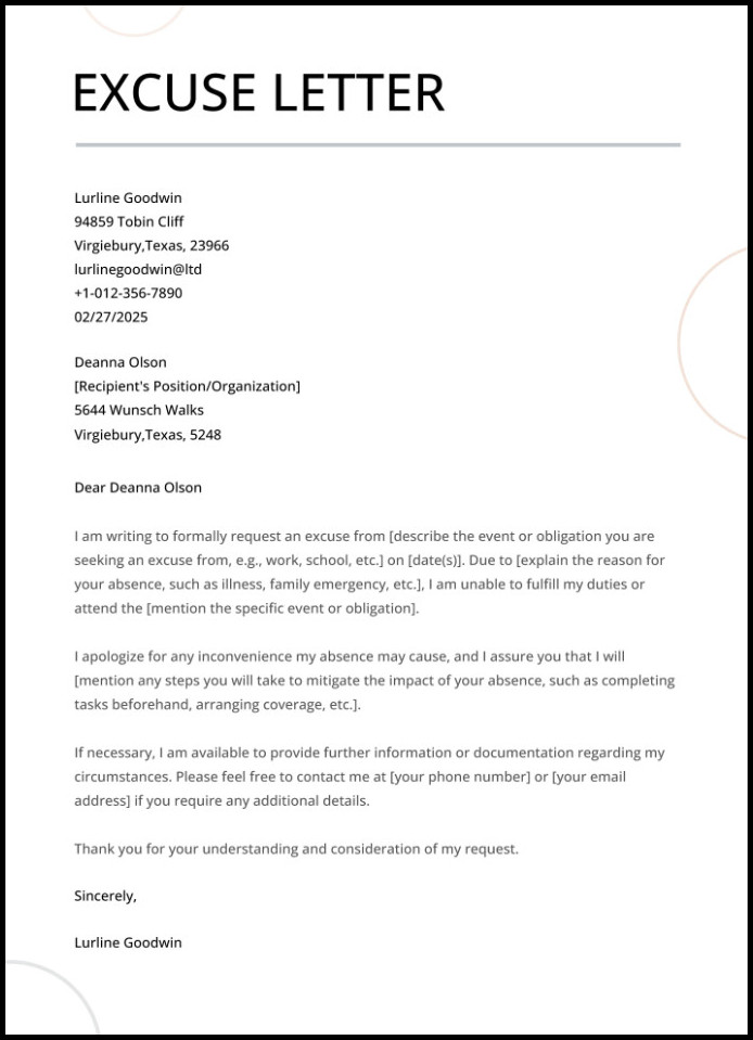 Sample of Excuse Letter Template Sample of Excuse Letter Template