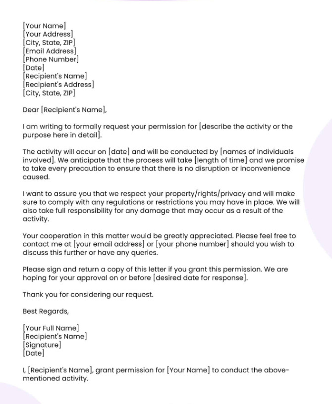 Sample of Printable Permission Letter Template