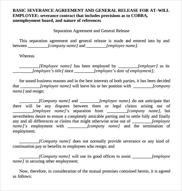 Sample of Printable Severance Agreement Template Sample of Printable Severance Agreement Template