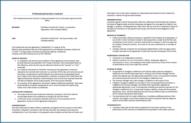 Professional Services Contract Example Professional Services Agreement Template