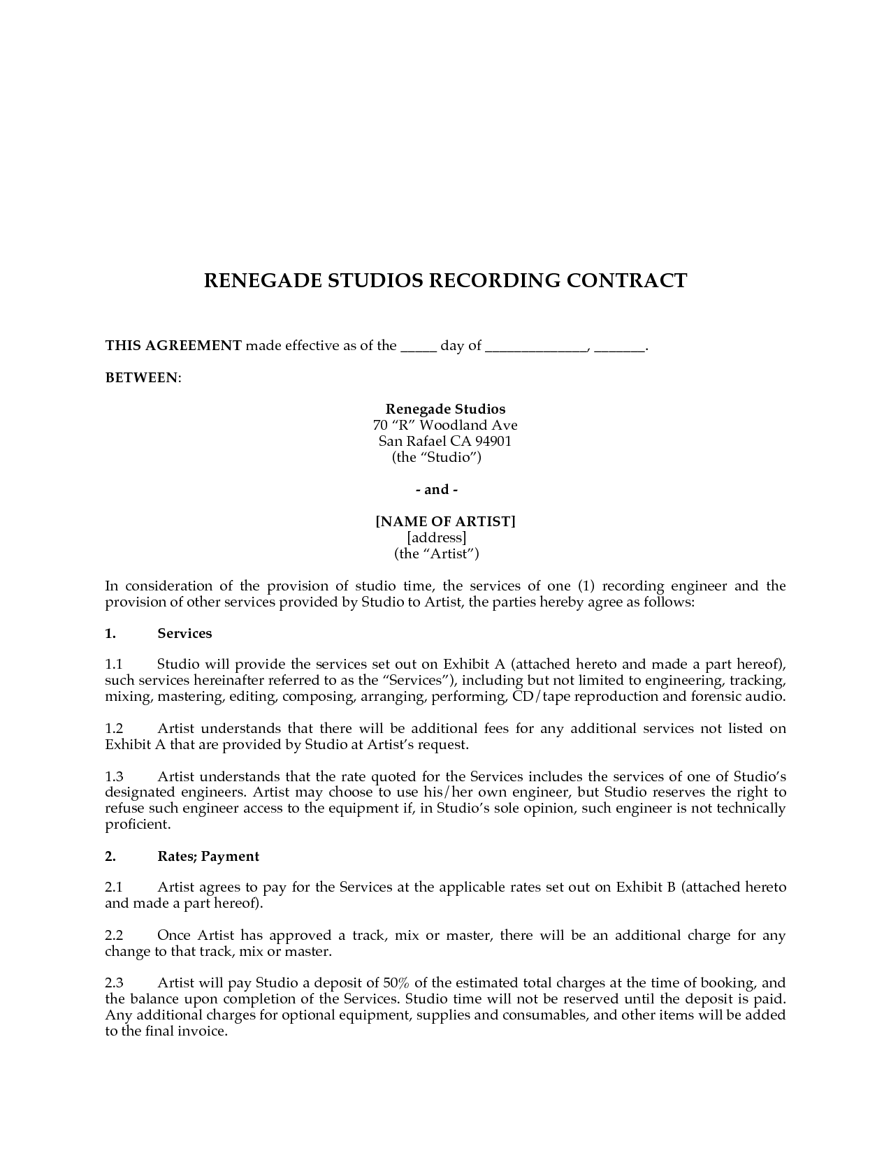 Sample of Recording Agreement Template