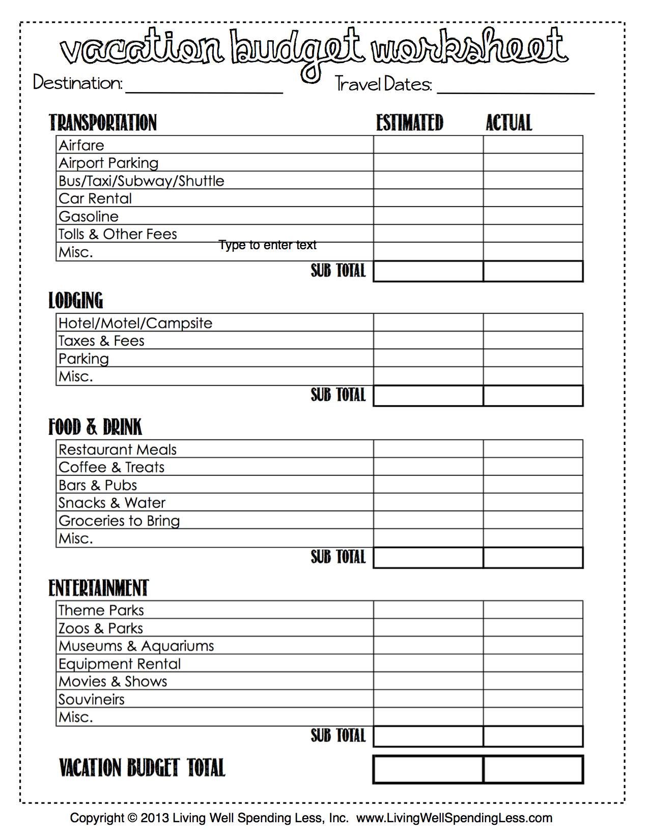 Sample of Recreational Activity Budget Worksheet Template Sample of Recreational Activity Budget Worksheet Template
