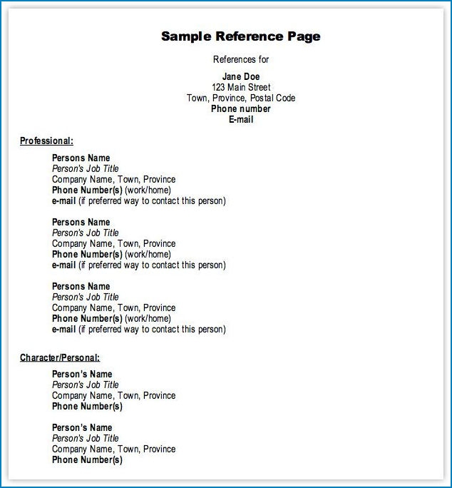 Sample of Reference Page For Resume Template