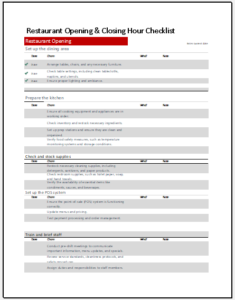 Restaurant Opening Closing Hour Checklist Template