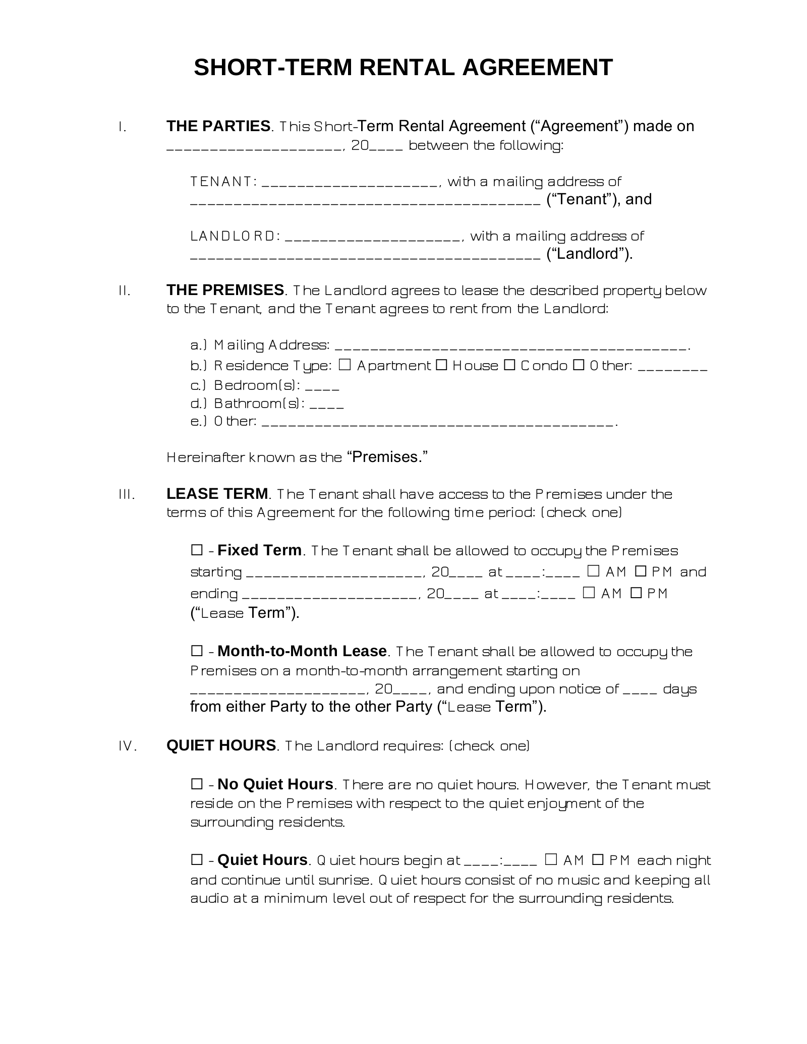 Sample of Short Term Lease Agreement Template