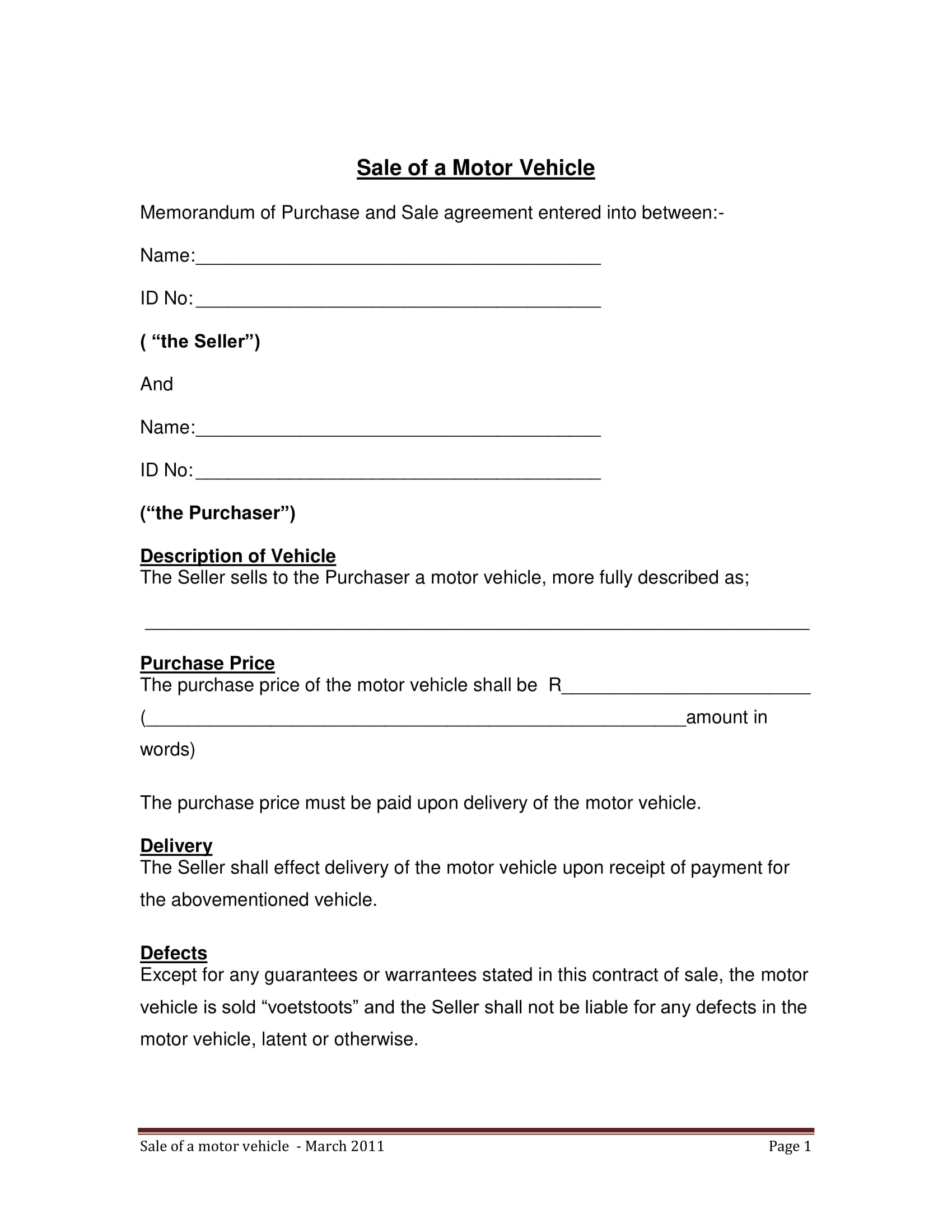 Sample of Vehicle Sales Agreement Template Sample of Vehicle Sales Agreement Template