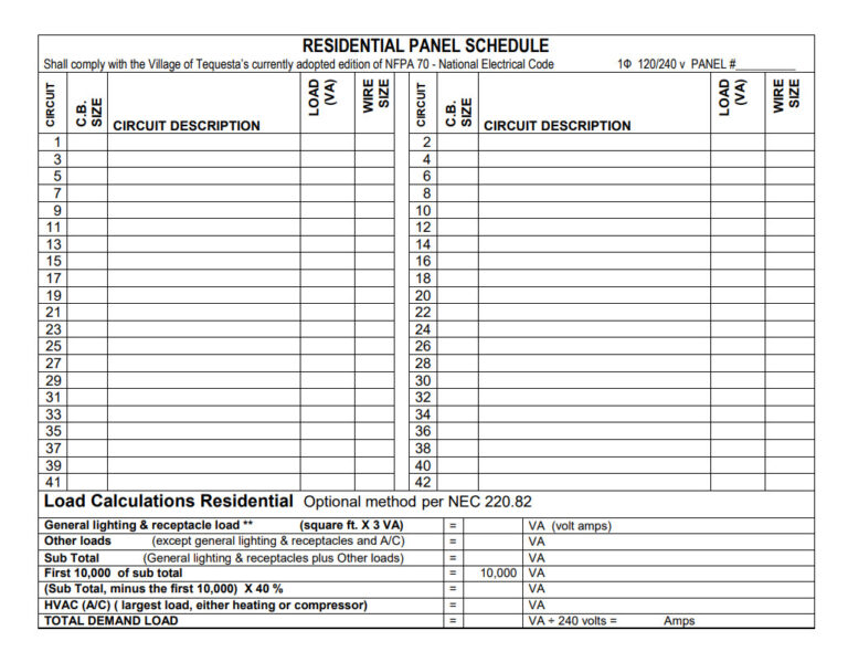 Printable Panel Schedule Template