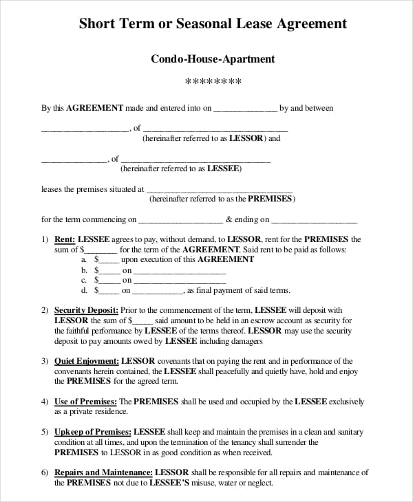 Short Term Lease Agreement Template Example Short Term Lease Agreement Template Example