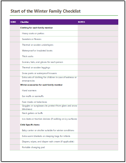 Start Of The Winter Family Checklist Template Start Of The Winter Family Checklist Template