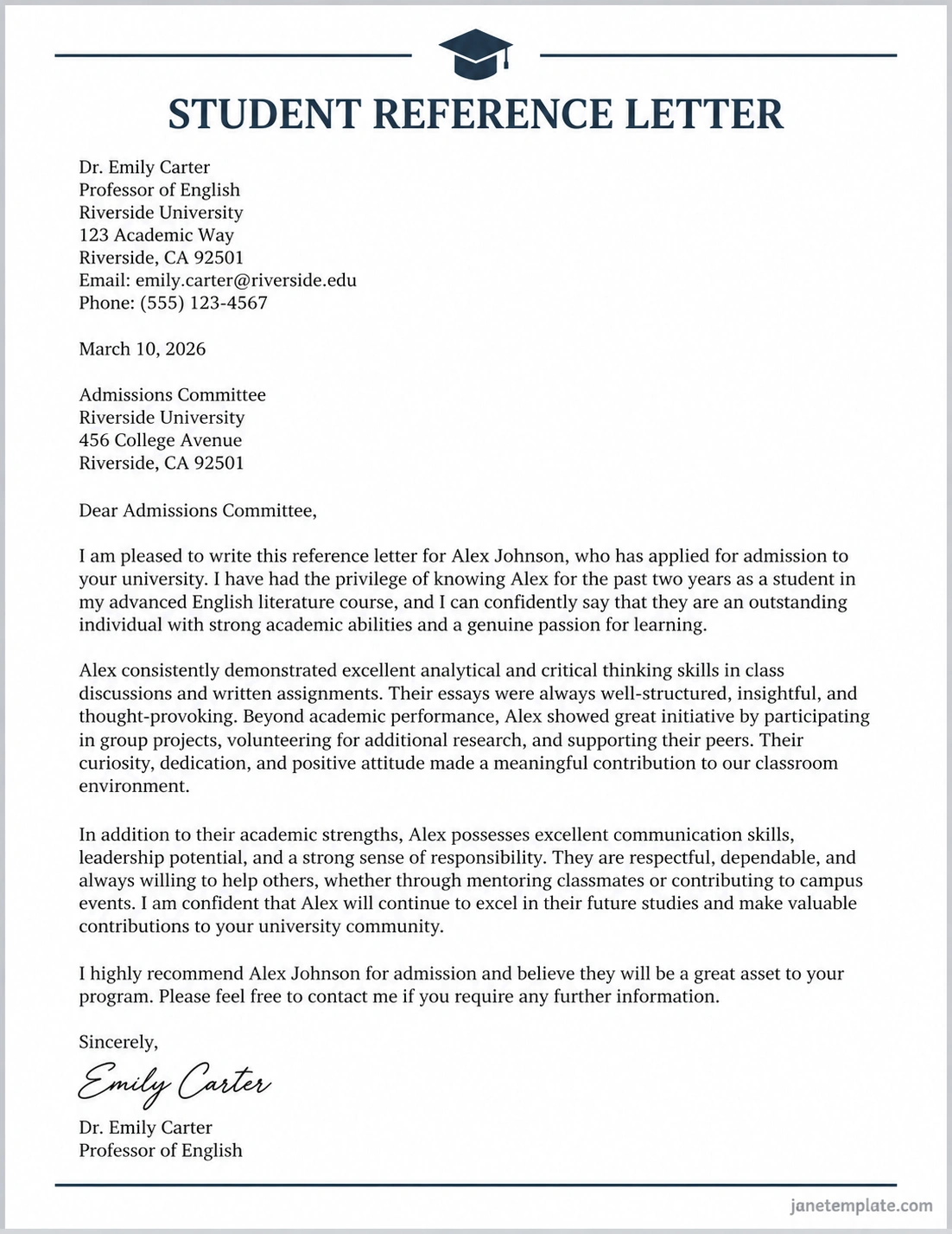 Student Reference Letter Template Student Reference Letter Template