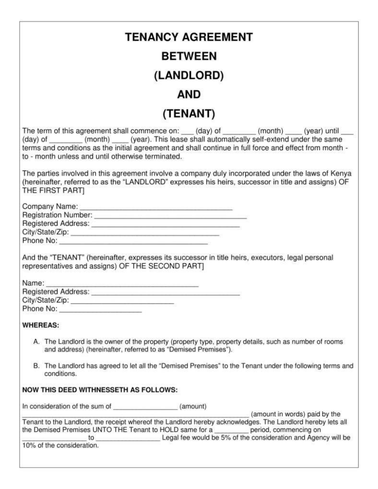 Tenant Unit Sample Printable Tenant Agreement Template