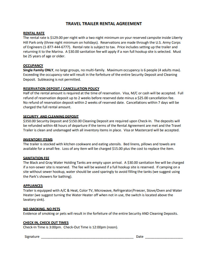 Travel Trailer Rental Agreement Template Travel Trailer Rental Agreement Template