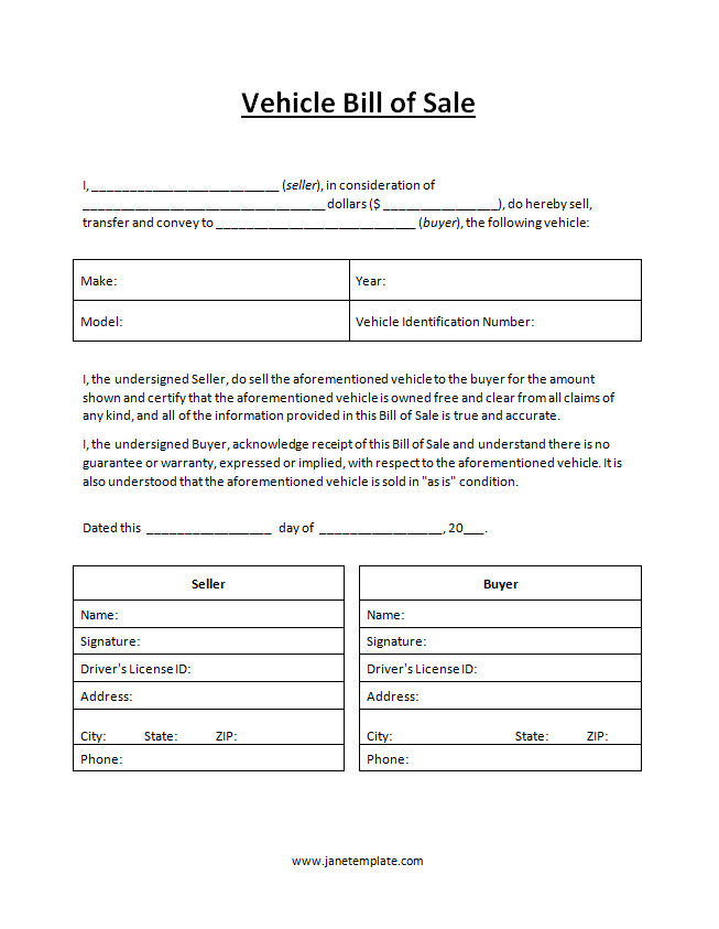 Vehicle Bill of Sale Template Professional bill of sale template with sections for buyer and seller information, item description, sale price, and signatures.