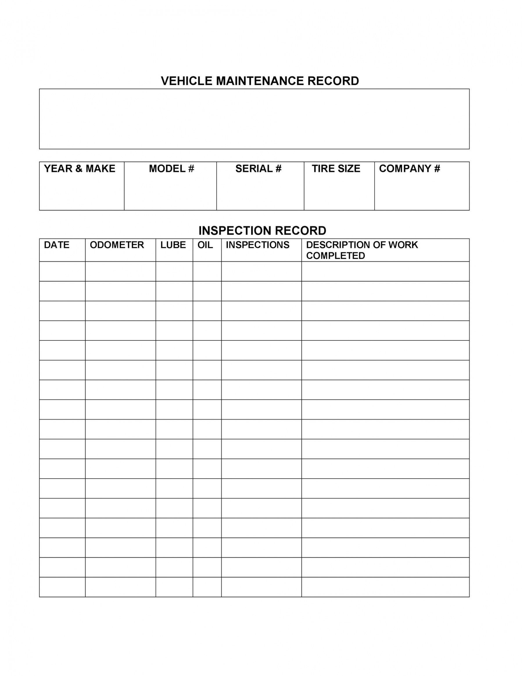 Vehicle Repair Record Worksheet Template
