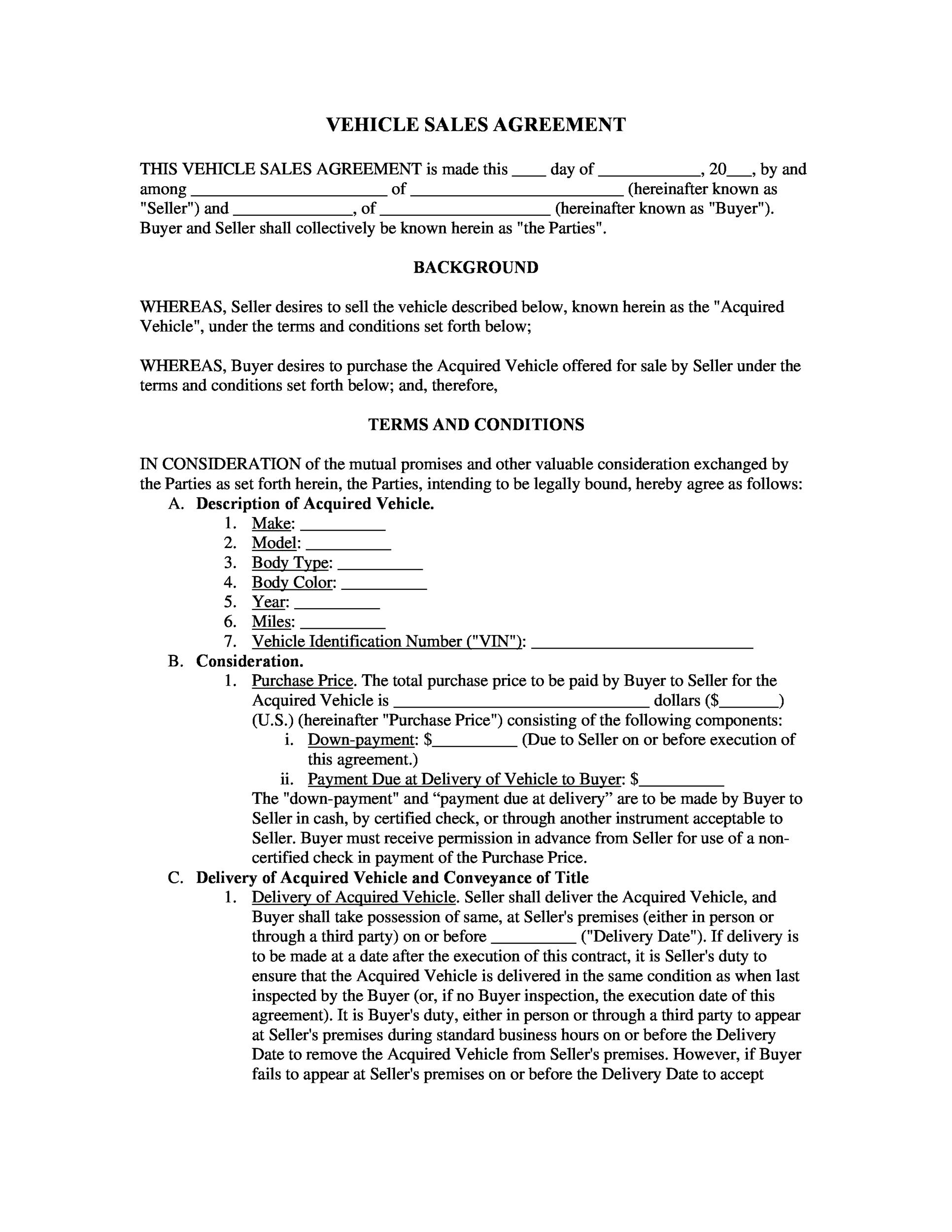 Vehicle Sales Agreement Template Example Vehicle Sales Agreement Template Example