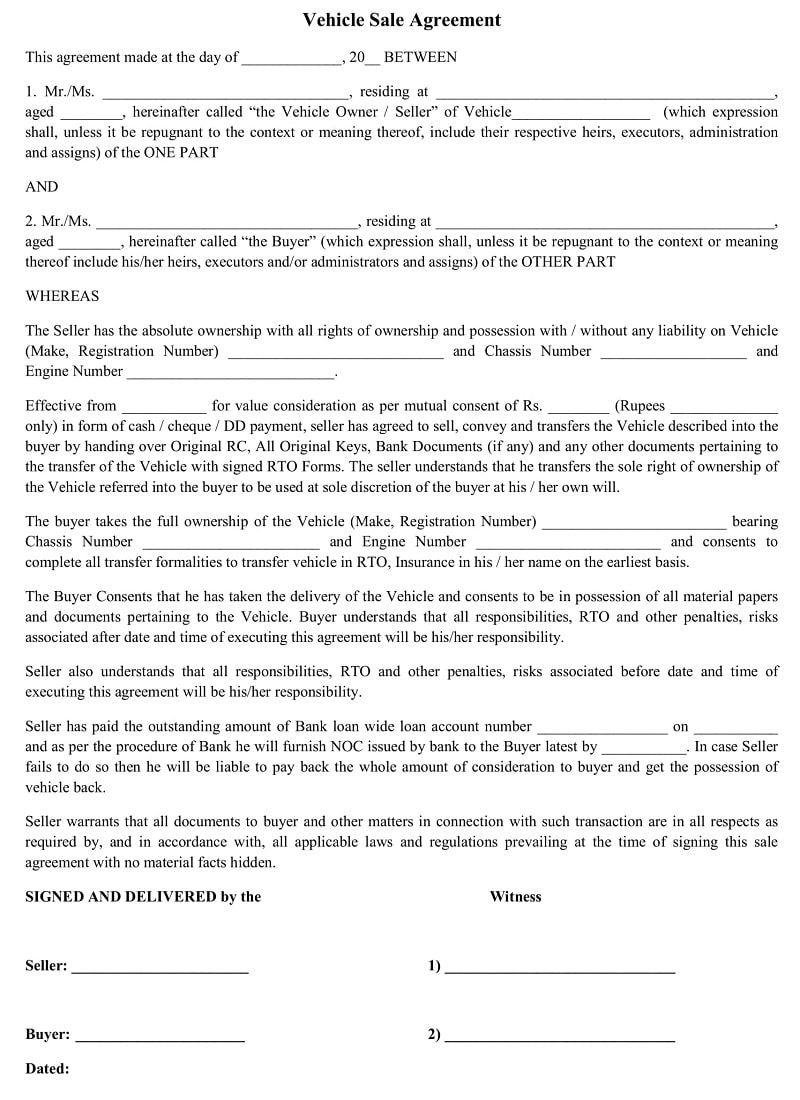 Vehicle Sales Agreement Template Sample Vehicle Sales Agreement Template Sample