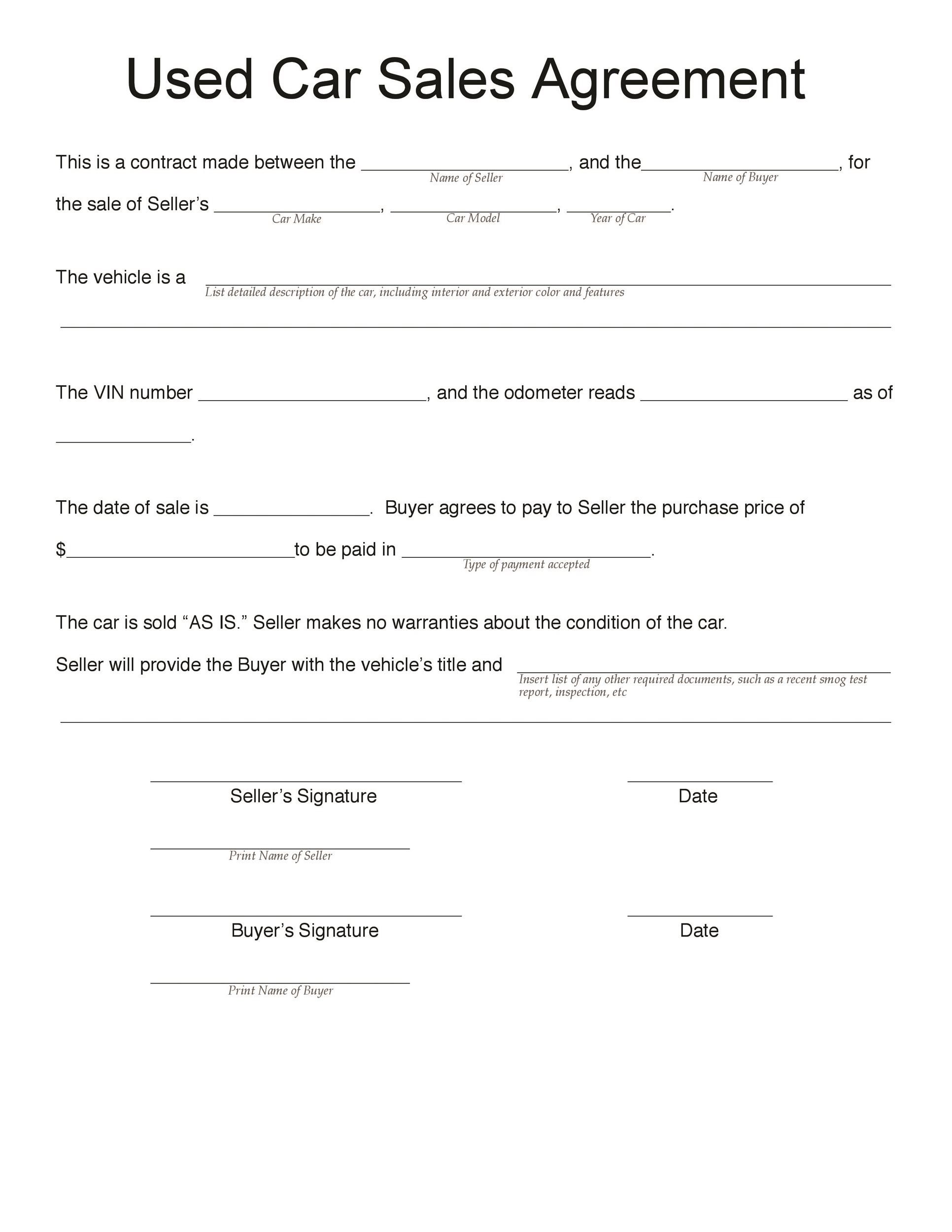 Vehicle Sales Agreement Template Vehicle Sales Agreement Template