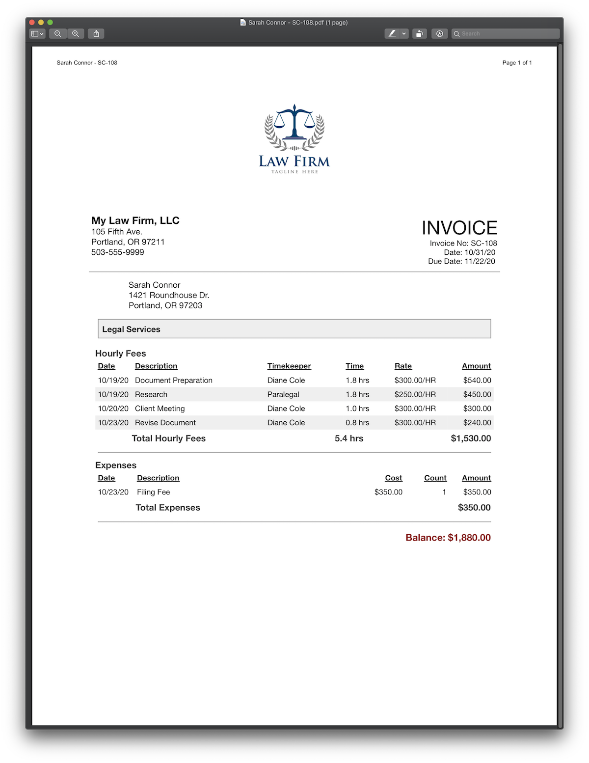 advocate invoice format in word