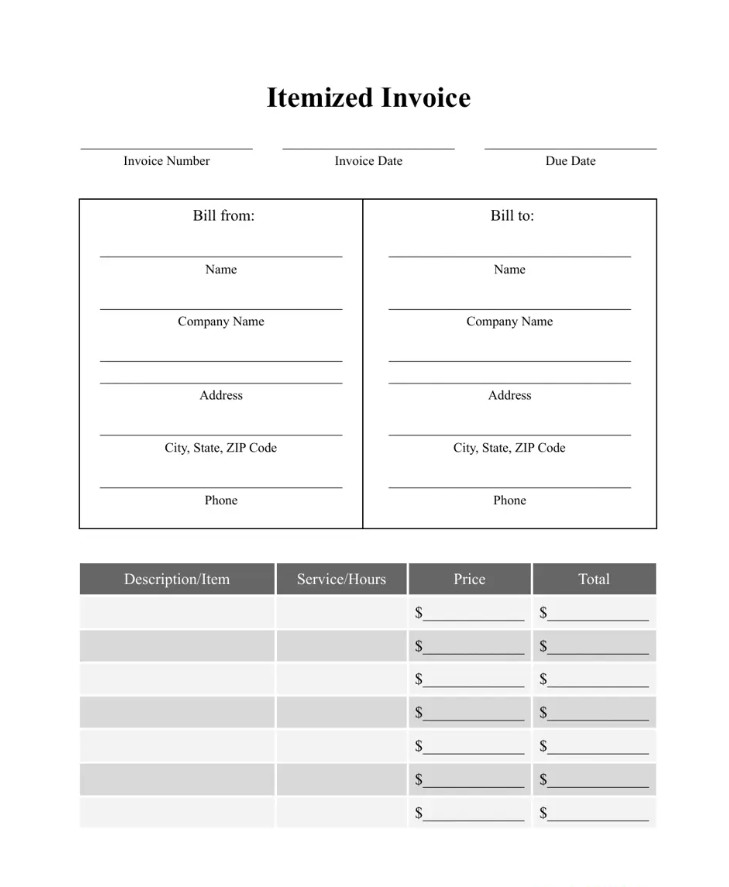 blank itemized form