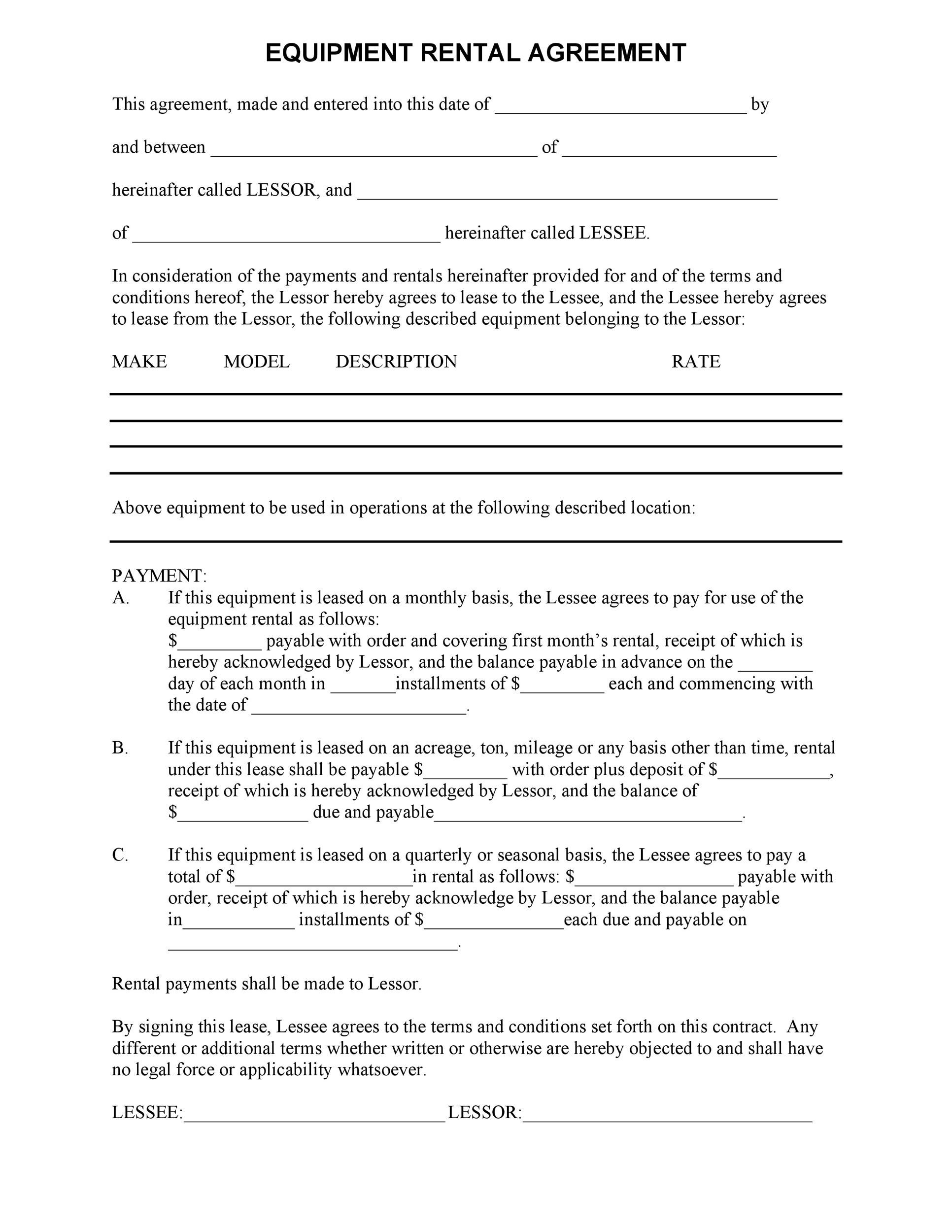 blank printable equipment rental agreement
