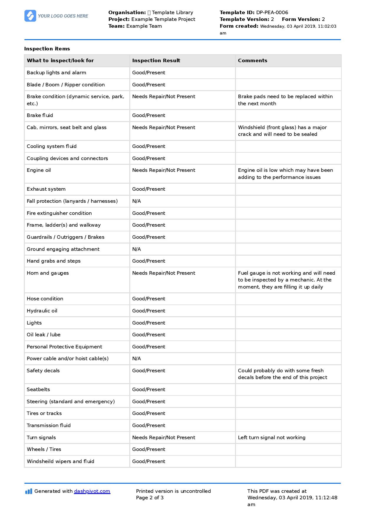 sample Inspection Checklist Template sample Inspection Checklist Template