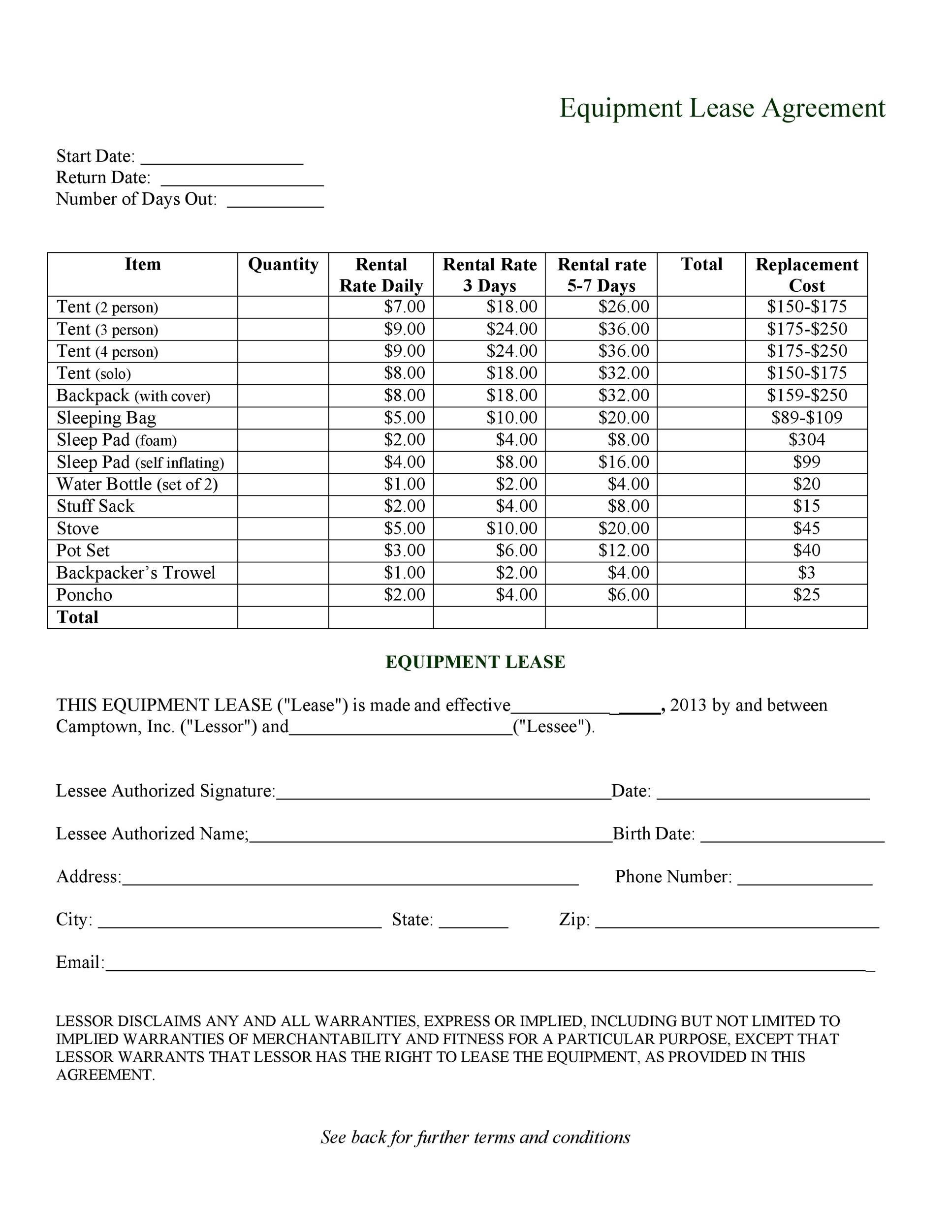 equipment lease agreement sample pdf