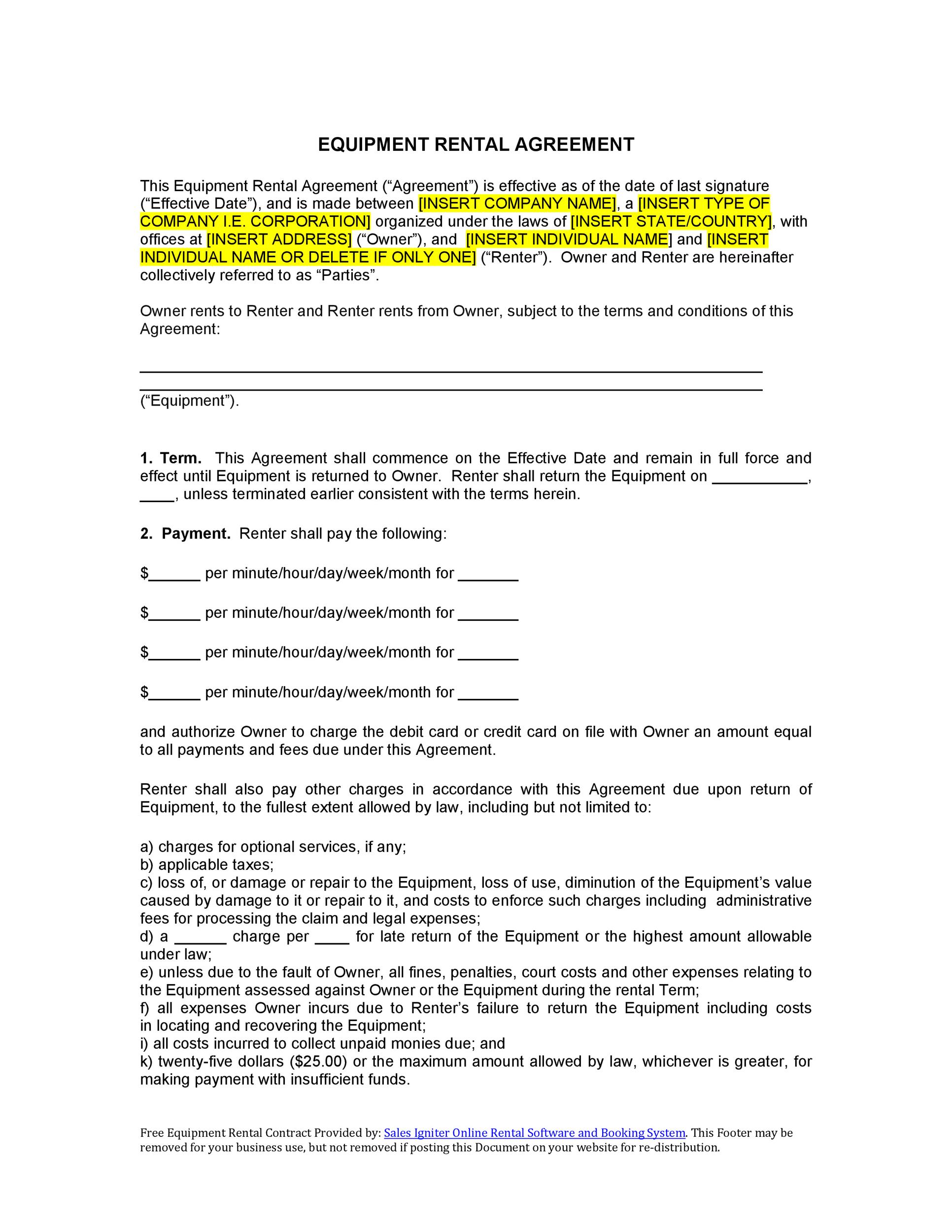 equipment lease form pdf