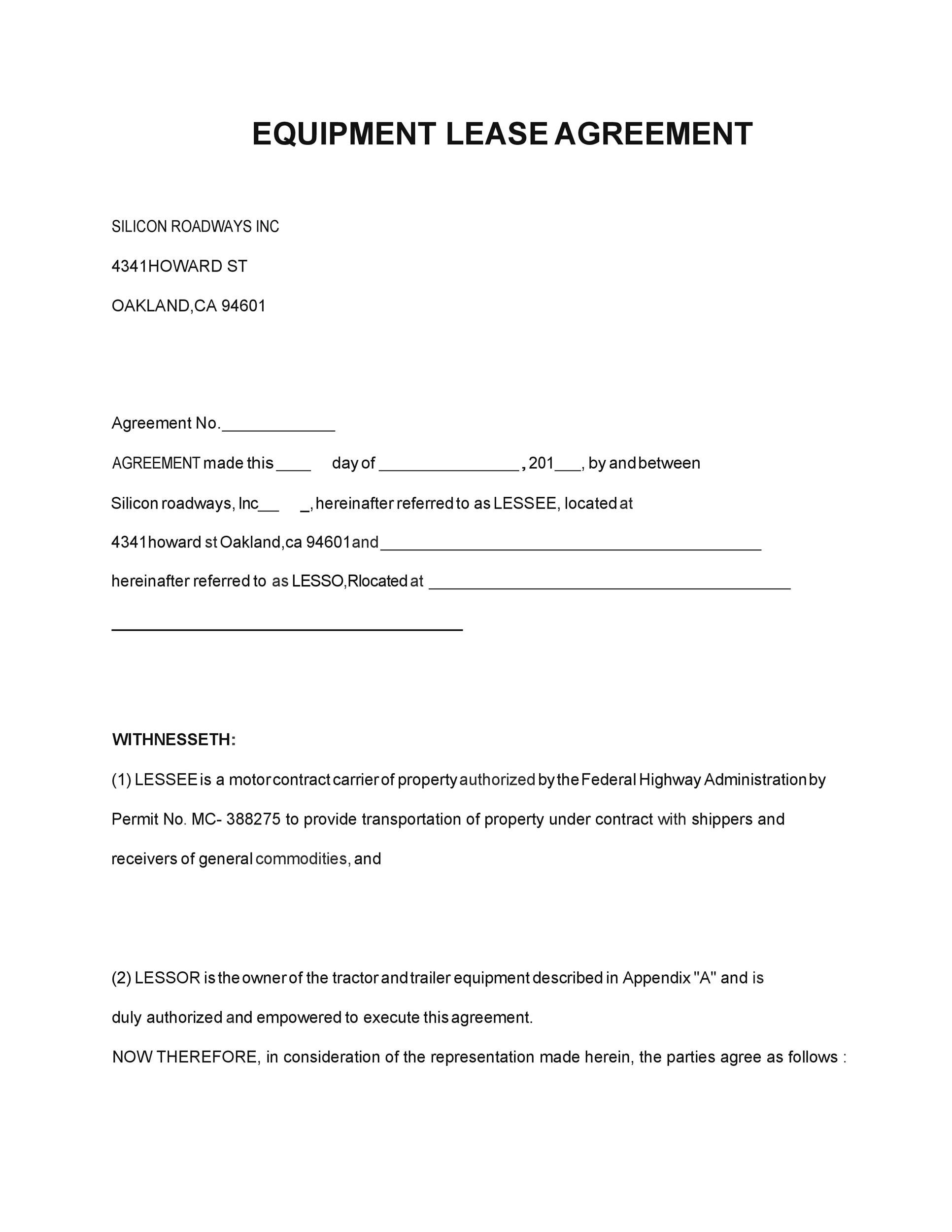 equipment rental agreement free printable