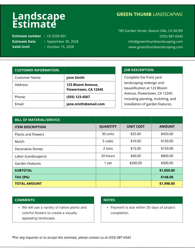 free landscape estimate template