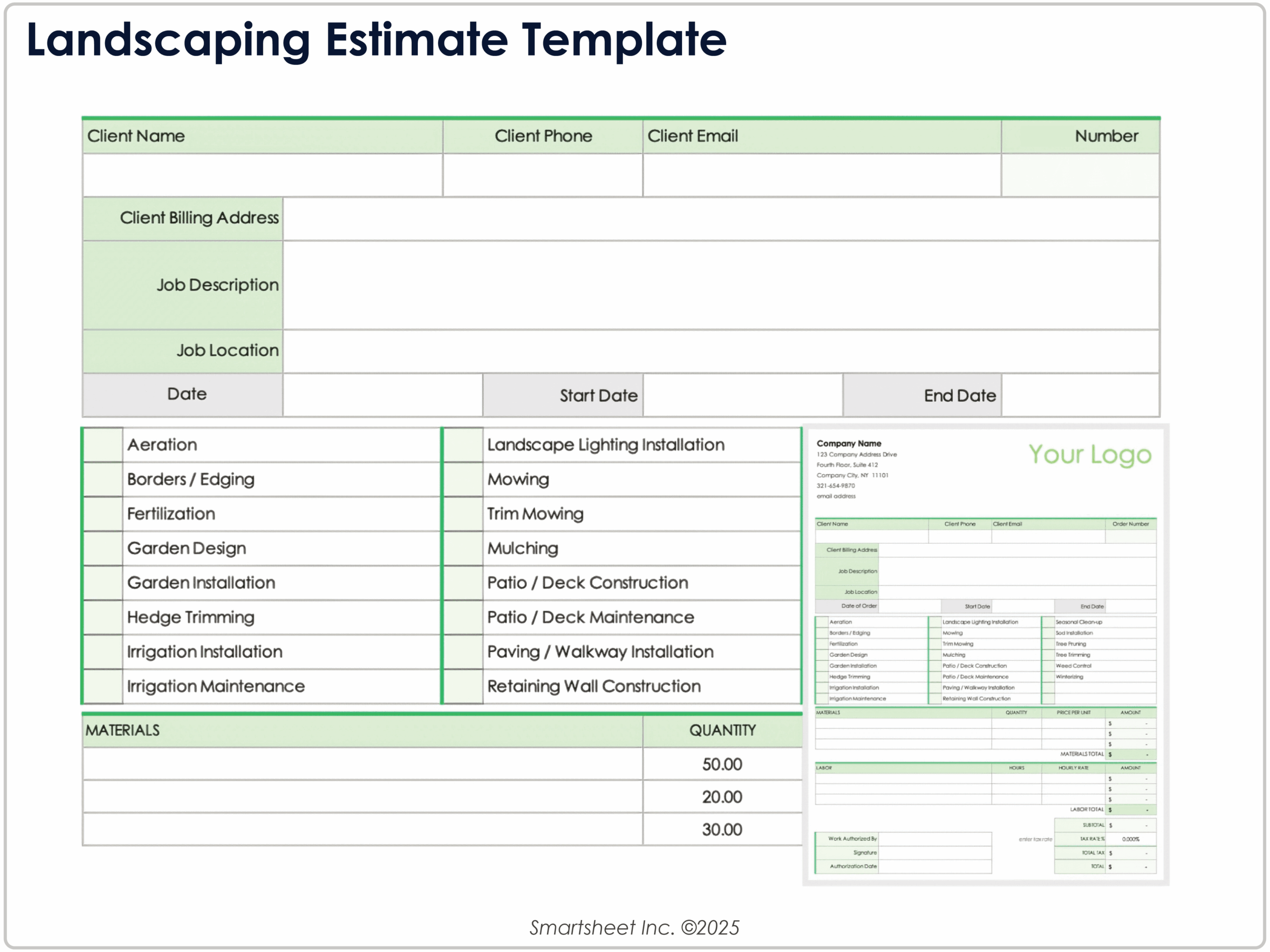 free landscaping estimate sheet template