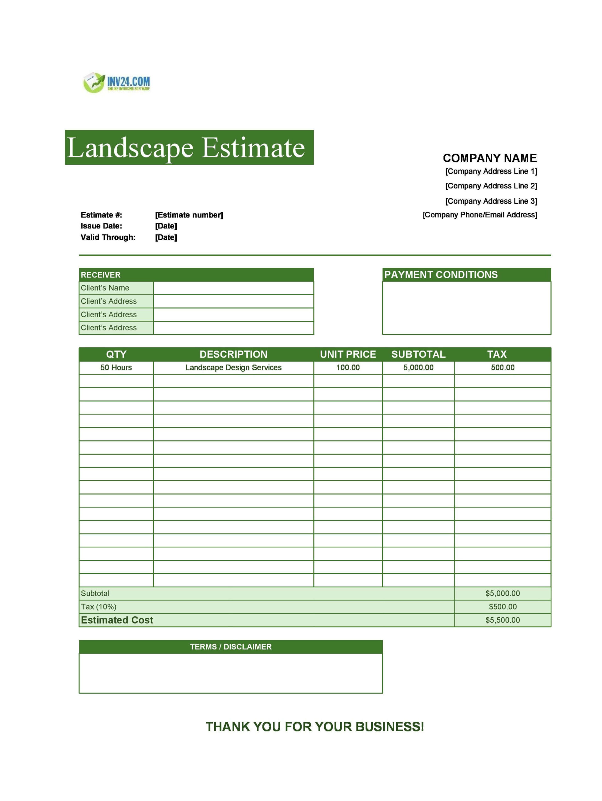 free landscaping estimate template excel