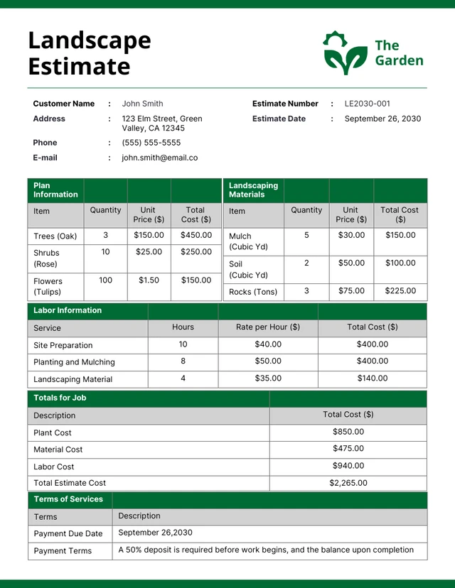 free landscaping estimate template printable