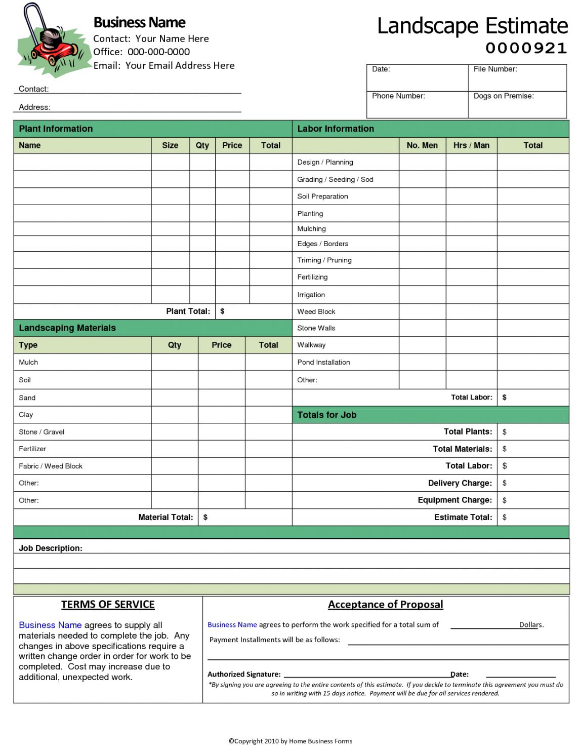 landscaping estimate template fillable free