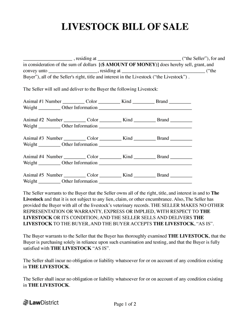 sample Livestock Bill of Sale Form sample Livestock Bill of Sale Form