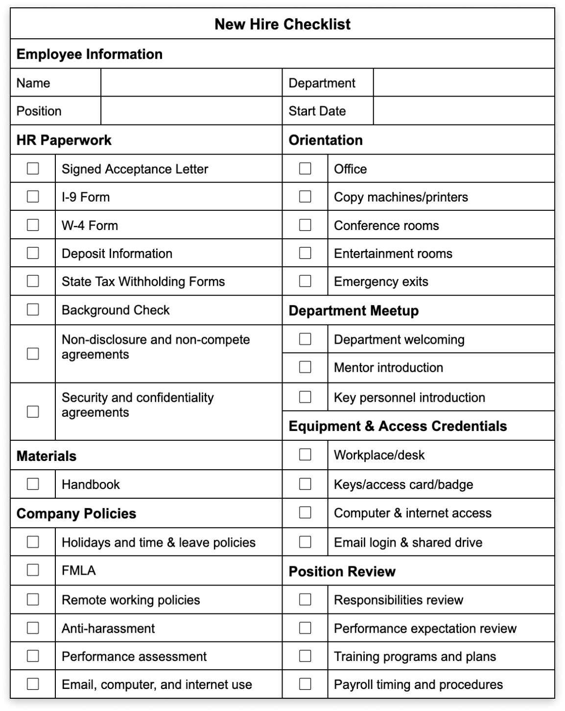 Printable New Employee Checklist Template Printable New Employee Checklist Template