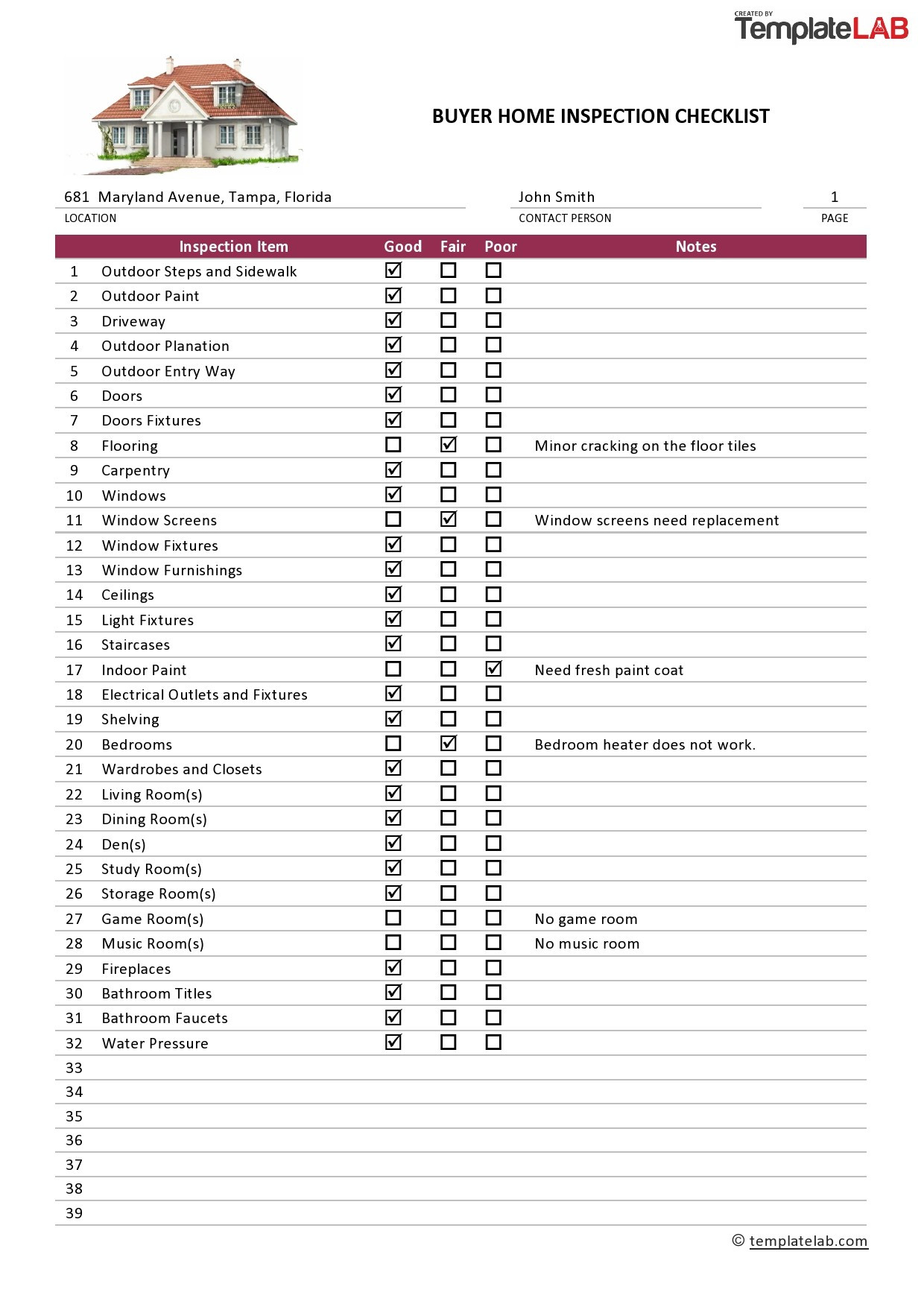 sample Property Inspection Checklist Template sample Property Inspection Checklist Template